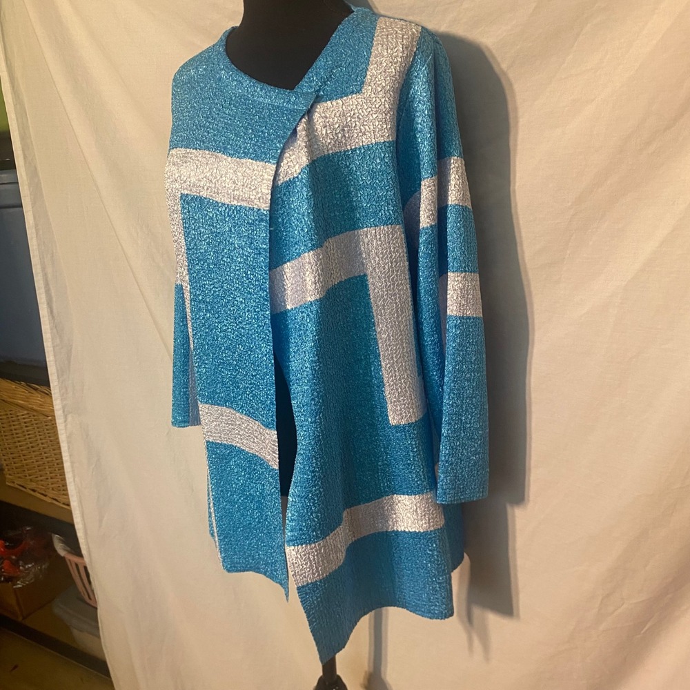Berek Womens Blue Silver Geometric Crinkle Texture Open Front Cardigan Large